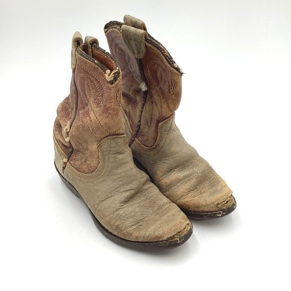 Vintage Distressed Leather Cowboy Boots Brown Tan Rustic Decor Children Size